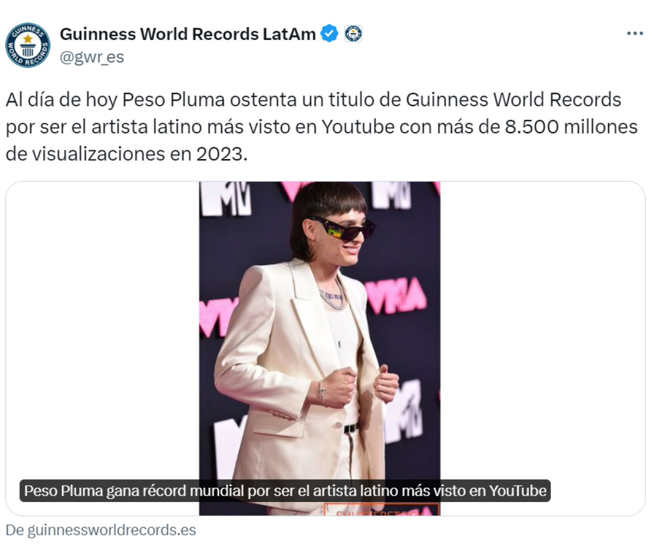 El Guinness World Records de Peso Pluma. Foto: X.